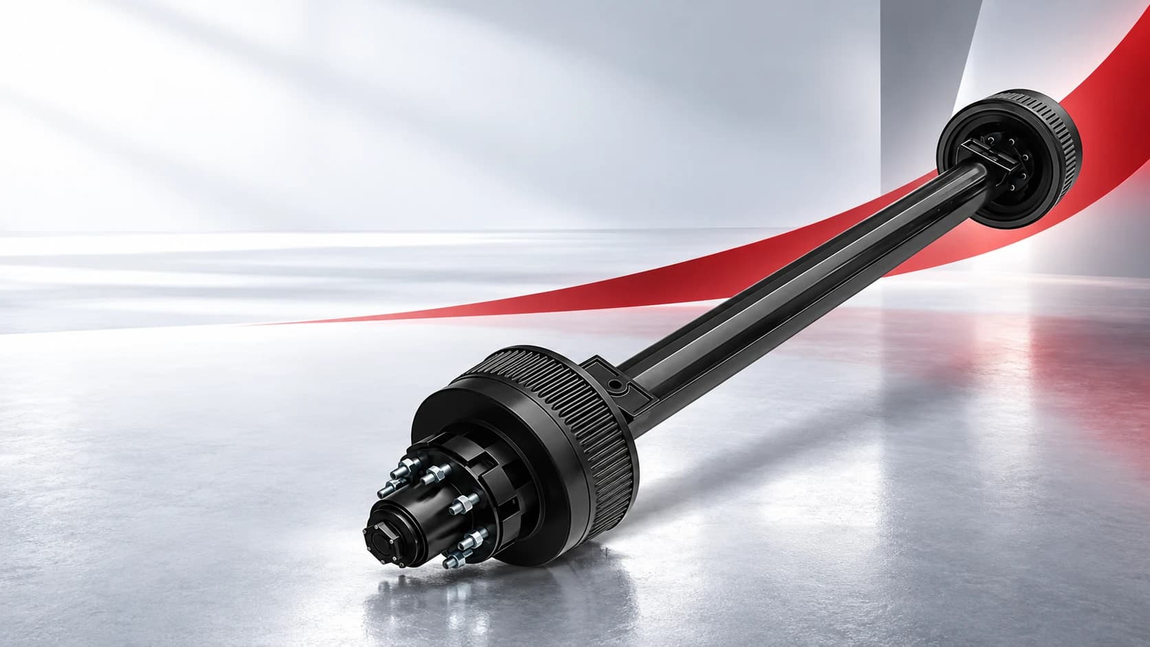 RUNHENG straight trailer axle assembly in a red and silver advertising composition