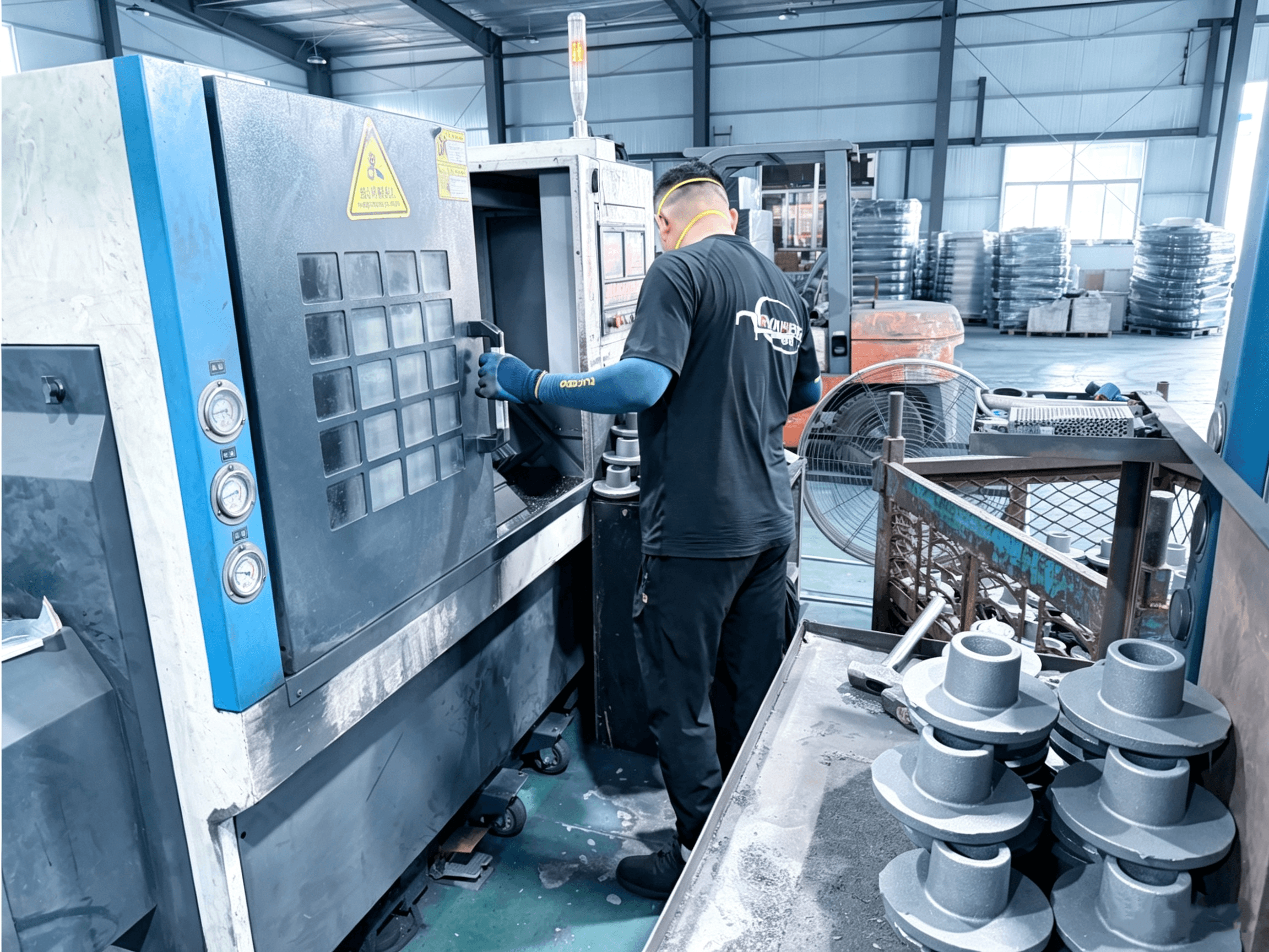 Operator running a CNC machining station on the workshop floor