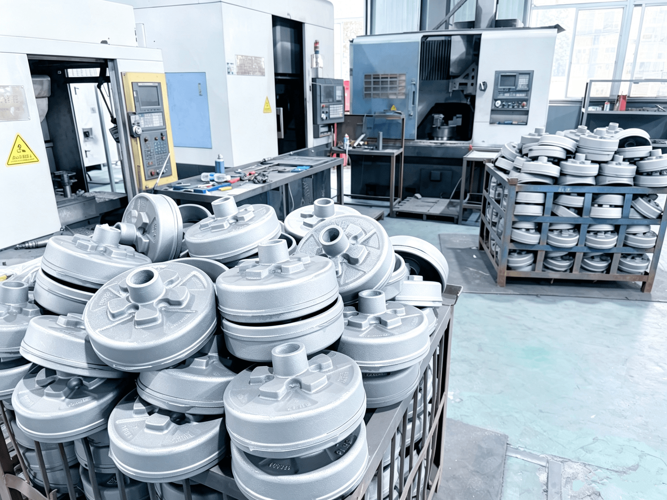 Machined hub and drum components staged in the workshop
