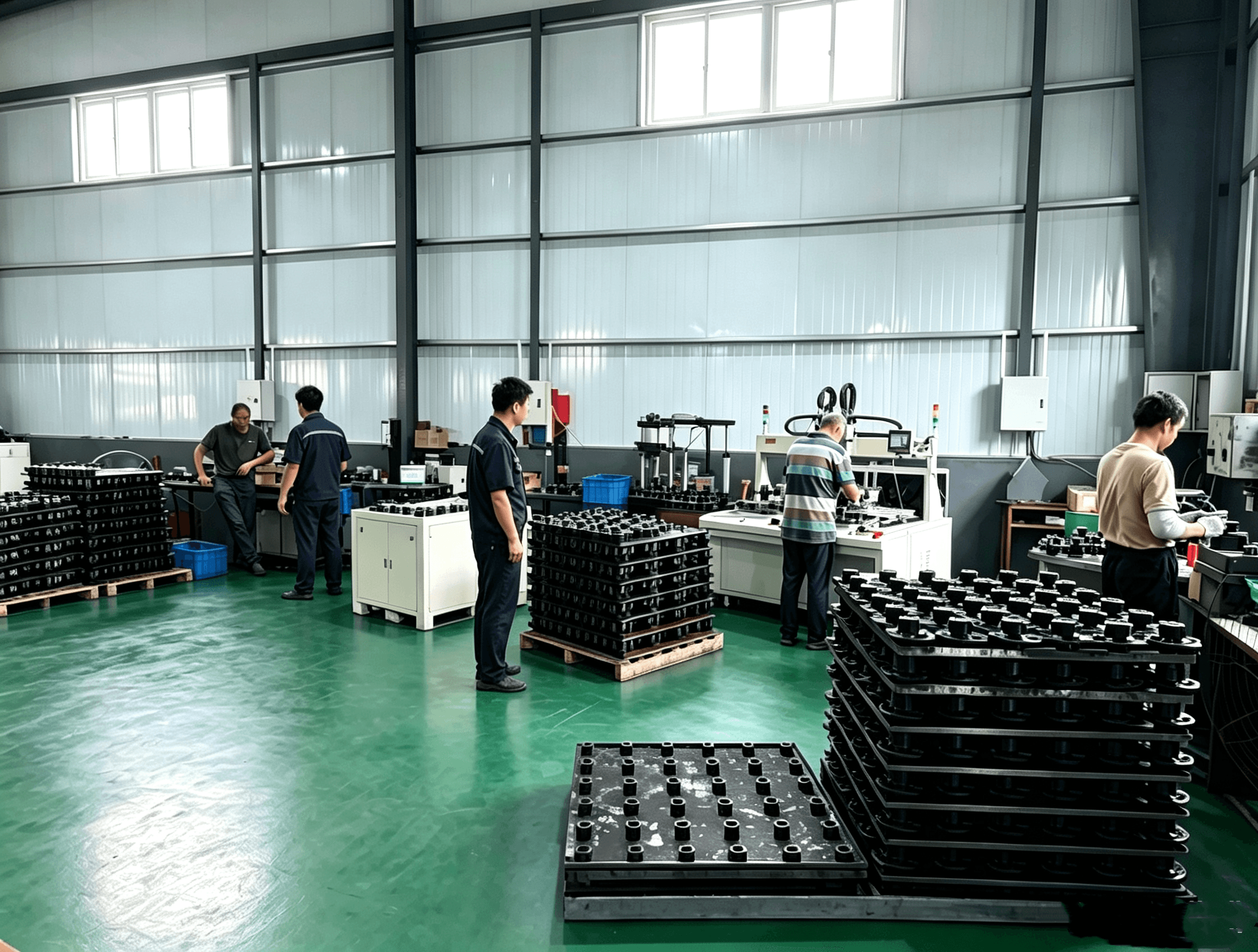 Production staff inspecting components on testing equipment